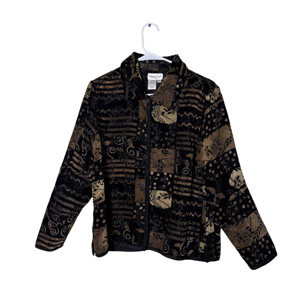 Coldwater Creek Black Gold Tapestry Jacket Petite Medium PM Abstract Floral Boho